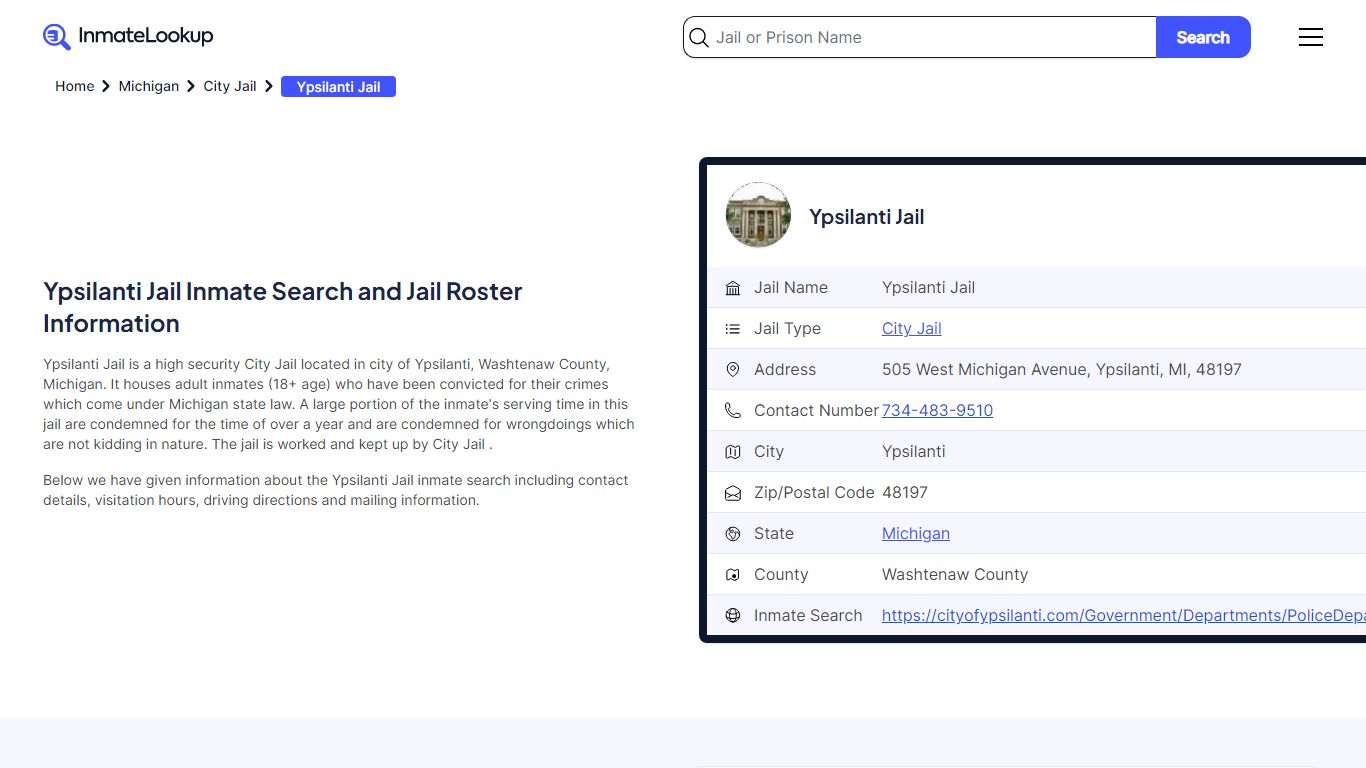 Ypsilanti Jail Inmate Search and Jail Roster Information - Inmate Lookup